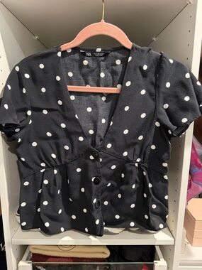 Zara Black and White Polka Dot Button-Front Blouse